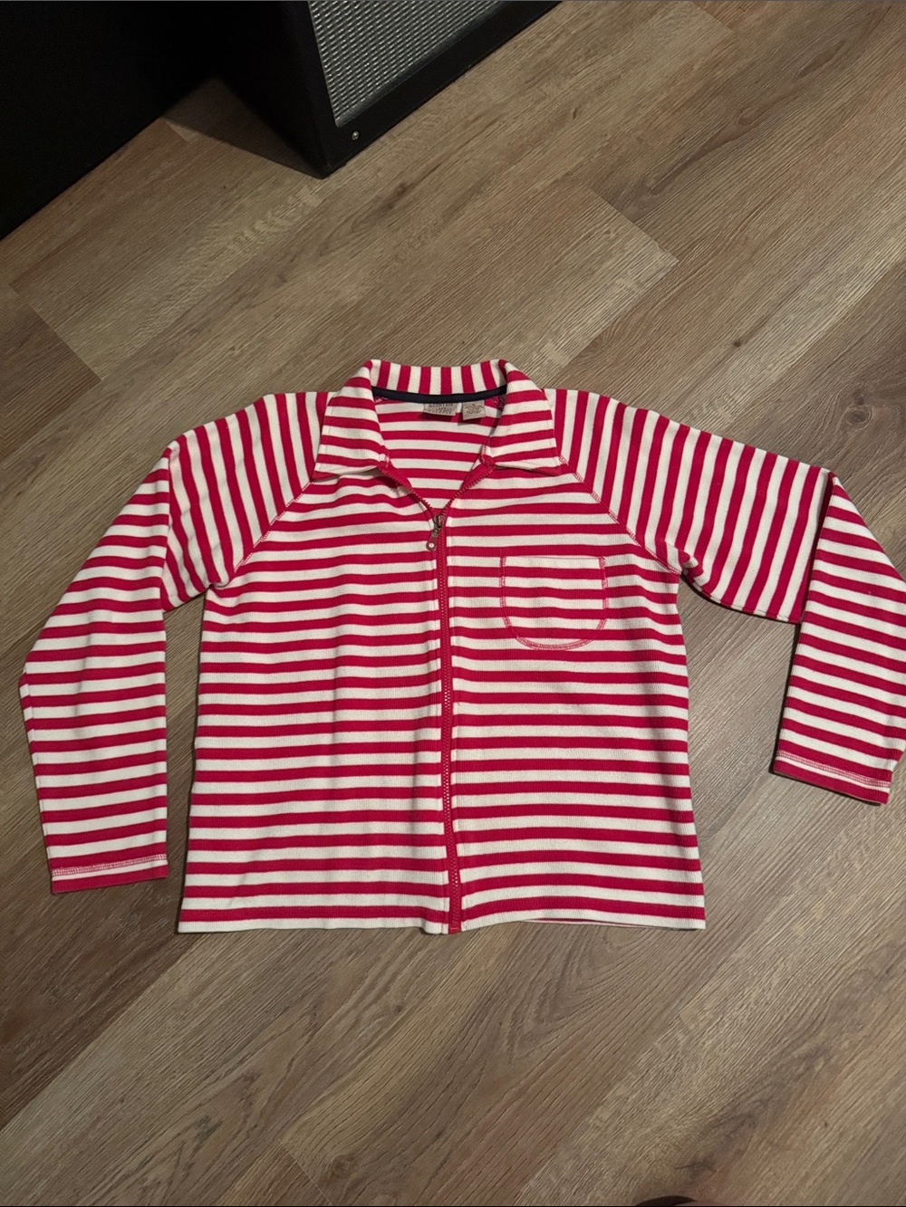 Women’s Red & White Striped Zip-Front casual Top. Mountain Lake Casuals